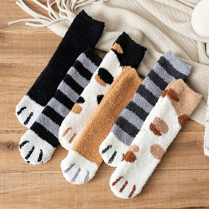 Women's Coral Fleece Cat Paw Pattern Kawaii Thick Warm Socks - 3/6 Pairs Bundle